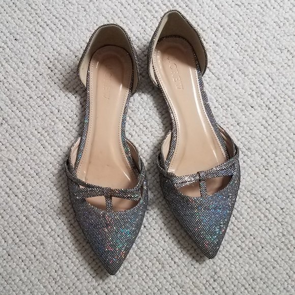 J. Crew Sloan Glitter D'Orsay Flats with mini bow - Silver Metallic - Size 6 - Picture 1 of 12